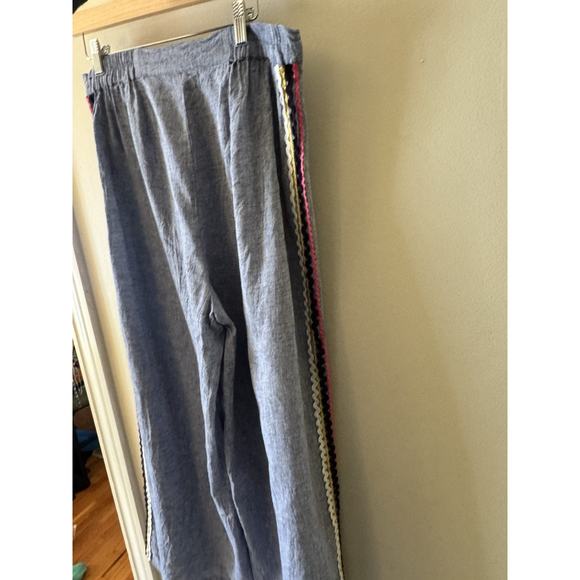 For Cynthia Ric Rac trimmer chambray wide leg pants boho coastal beachy linen L - Picture 3 of 7